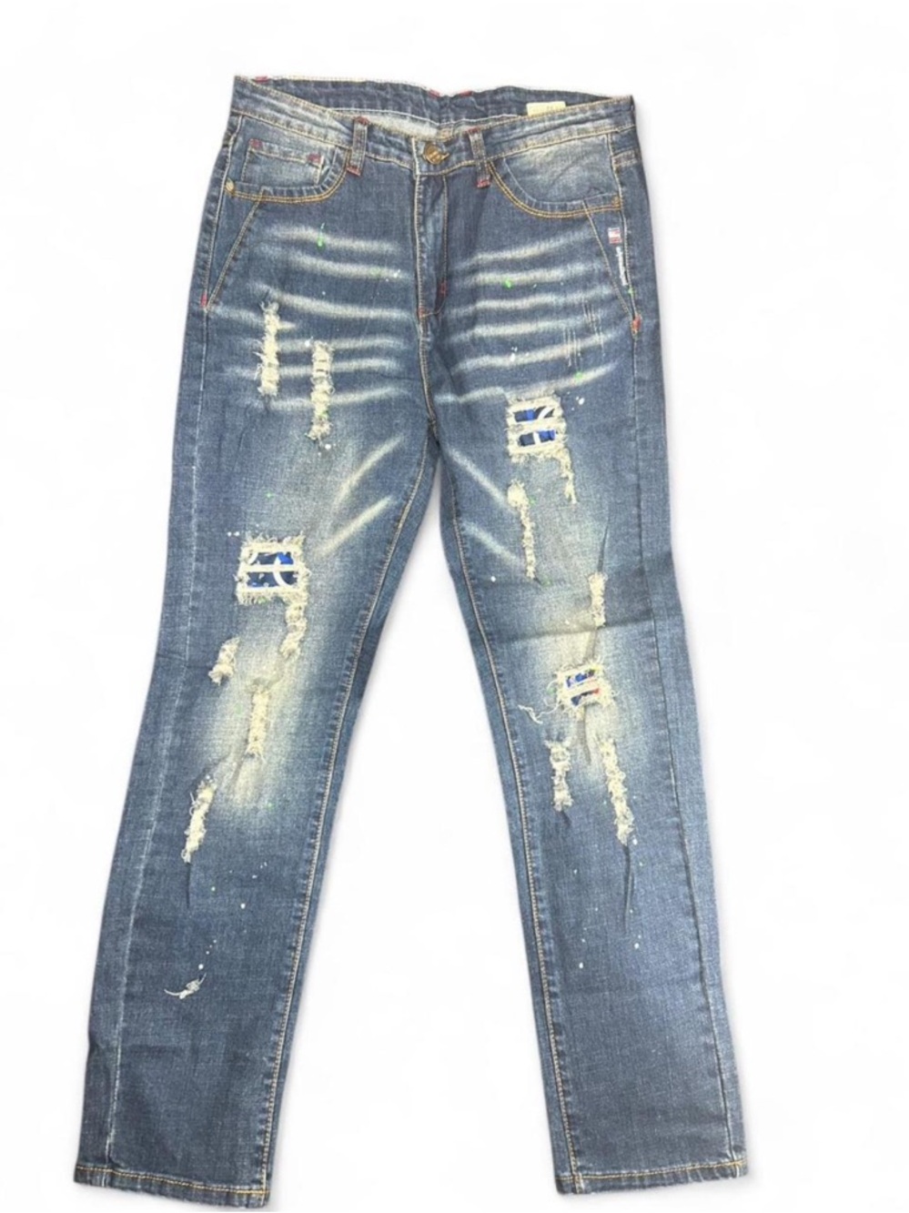 Men's Fashionable Ripped Distressed Blue Jeans Regular Fit Denim - Brand New